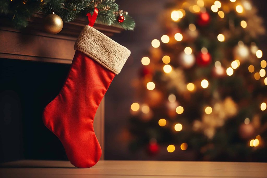 Red Santa Claus hat and sock hanging under christmas tree in the house, Christmas stockings. Generate Ai