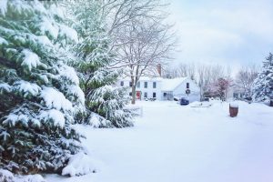 Wintery scene; Northern Virginia home surrounded by trees and snow.